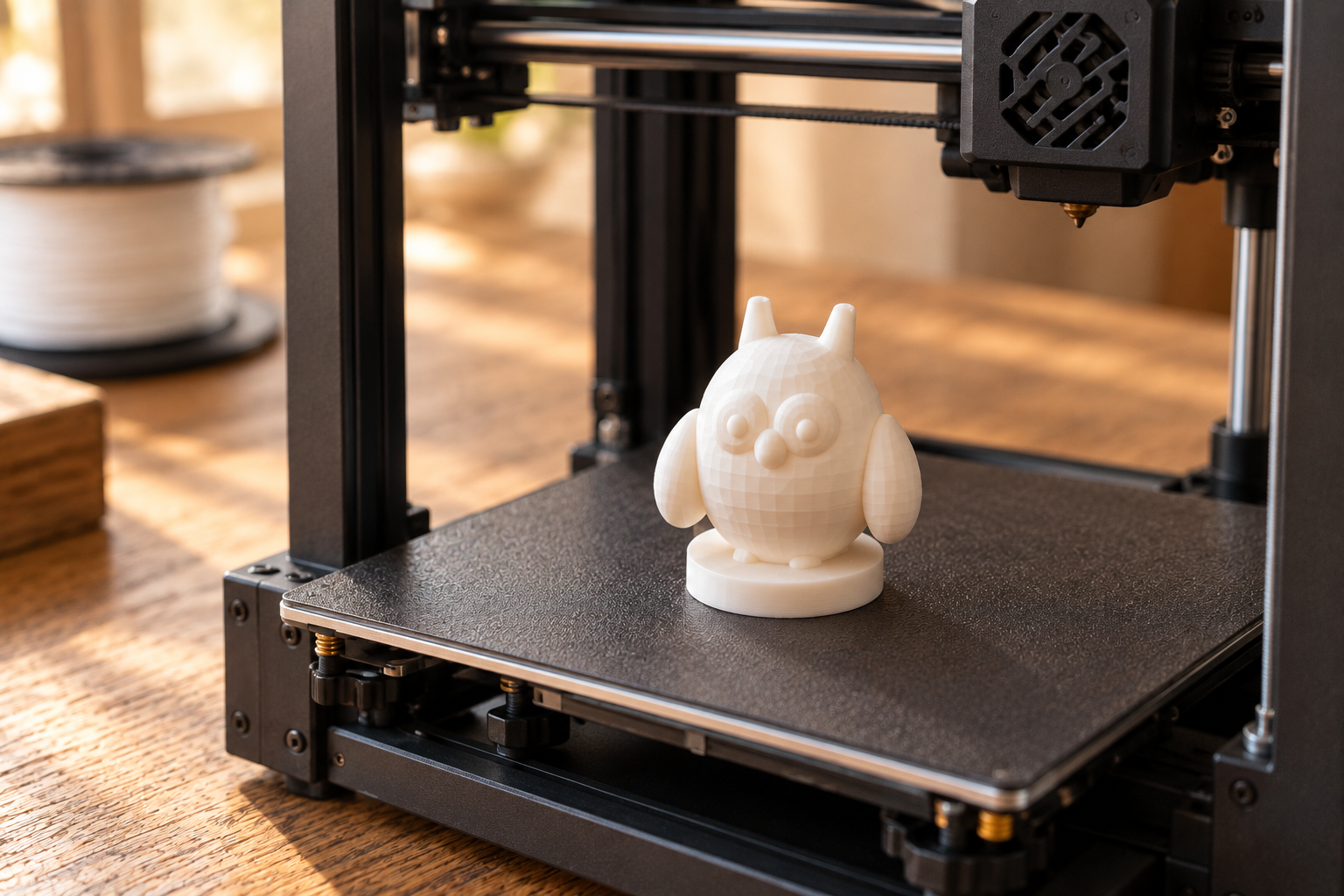 ３Dプリンターの台の上にできあがった、白いフクロウのコマ